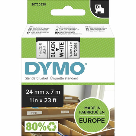 Dymo S0720930 D1 53713 Tape 24mm x 7m Black on White - x 15/16" Width x 22 31/32 ft Length - Tape - Black on White - Easy Peel, Durable - 1 Each
