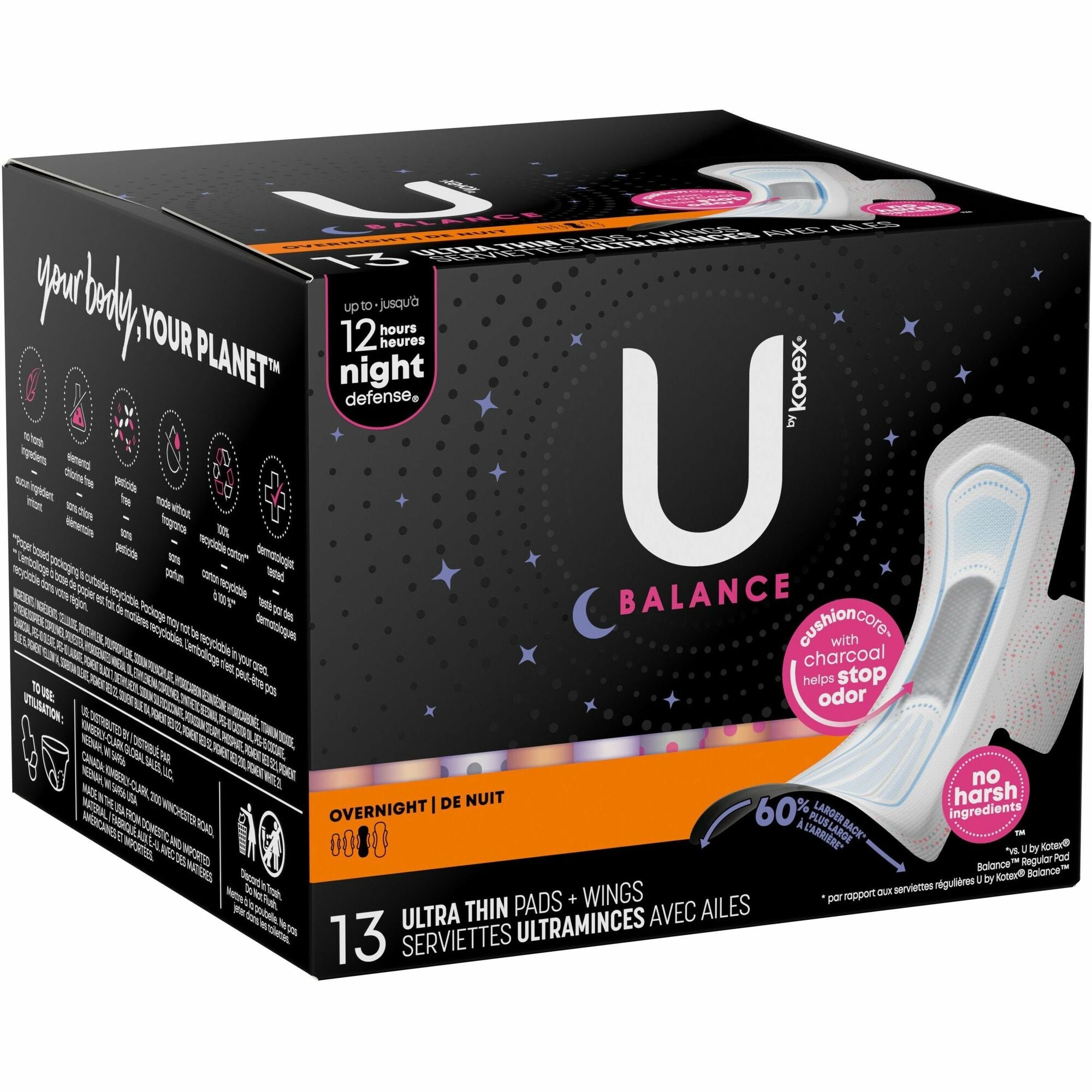 U by Kotex Ultra Thin Overnight Pads - With Wings - Individually Wrapped, Anti-leak, Absorbent, Odor-absorbing - 13/Box - 1 Each