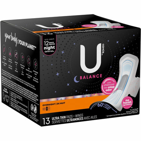 U by Kotex Ultra Thin Overnight Pads - With Wings - Individually Wrapped, Anti-leak, Absorbent, Odor-absorbing - 13/Box - 1 Each