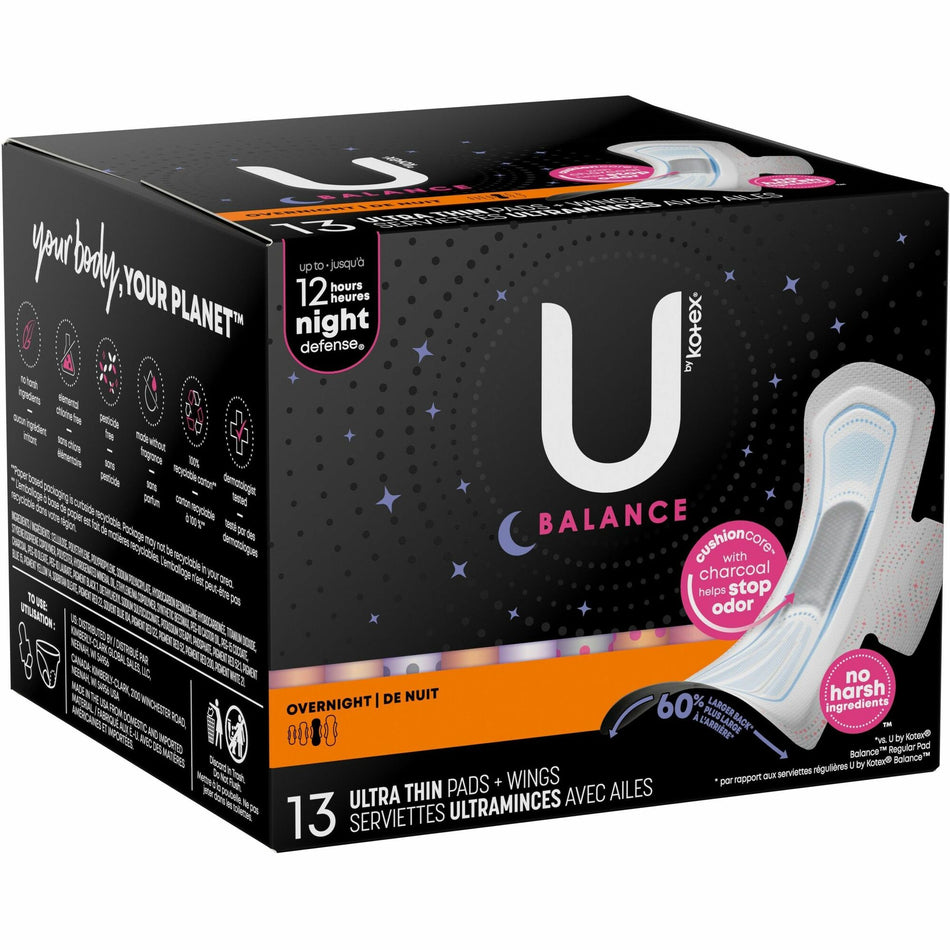 U by Kotex Ultra Thin Overnight Pads - With Wings - Individually Wrapped, Anti-leak, Absorbent, Odor-absorbing - 13/Box - 1 Each