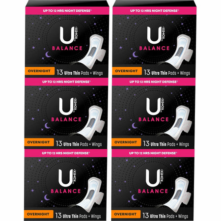 U by Kotex Ultra Thin Overnight Pads - With Wings - Absorbent, Odor-absorbing, Individually Wrapped, Anti-leak - 13/Box - 6 / Carton
