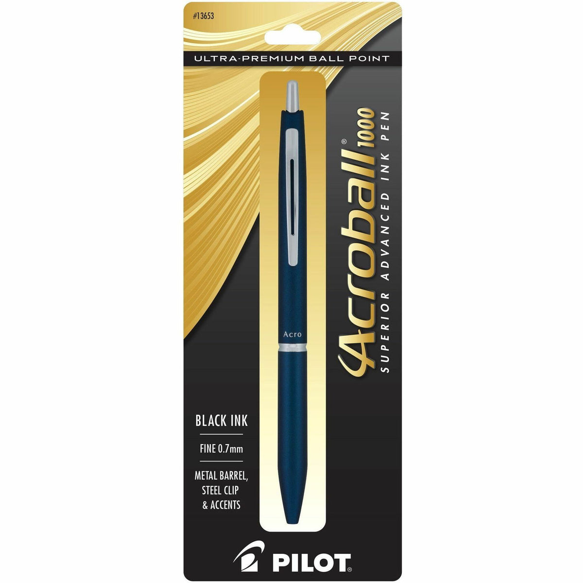 Acroball Ballpoint Pen - 0.7 mm Fine Pen Point - Refillable - Retractable - Black Ink - Gel-based - Navy Metal Barrel - Tungsten Carbide Tip - 1 Each