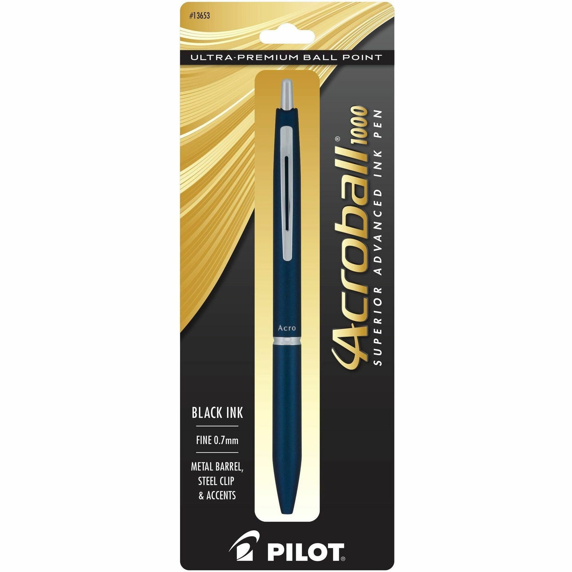 Acroball Ballpoint Pen - 0.7 mm Fine Pen Point - Refillable - Retractable - Black Ink - Gel-based - Navy Metal Barrel - Tungsten Carbide Tip - 1 Each