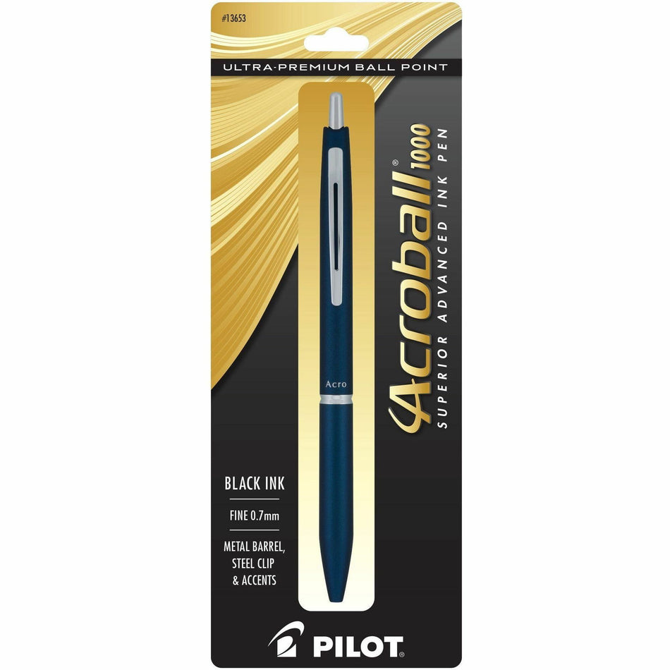 Acroball Ballpoint Pen - 0.7 mm Fine Pen Point - Refillable - Retractable - Black Ink - Gel-based - Navy Metal Barrel - Tungsten Carbide Tip - 1 Each