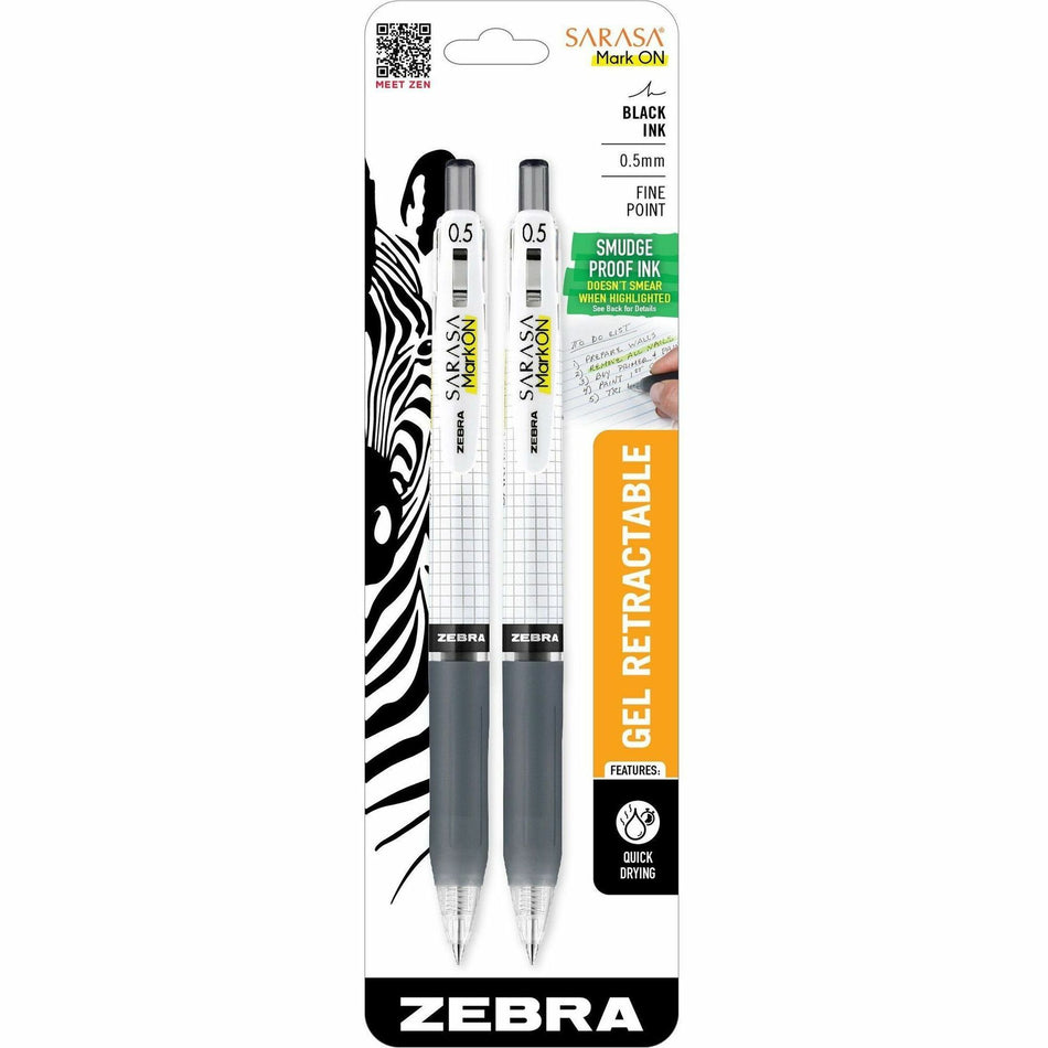 Zebra Pen SARASA Mark ON Gel Retractable Pens - 12.7 mm Fine Pen Point - Retractable - Black Ink - Water Based - 2 / Pack