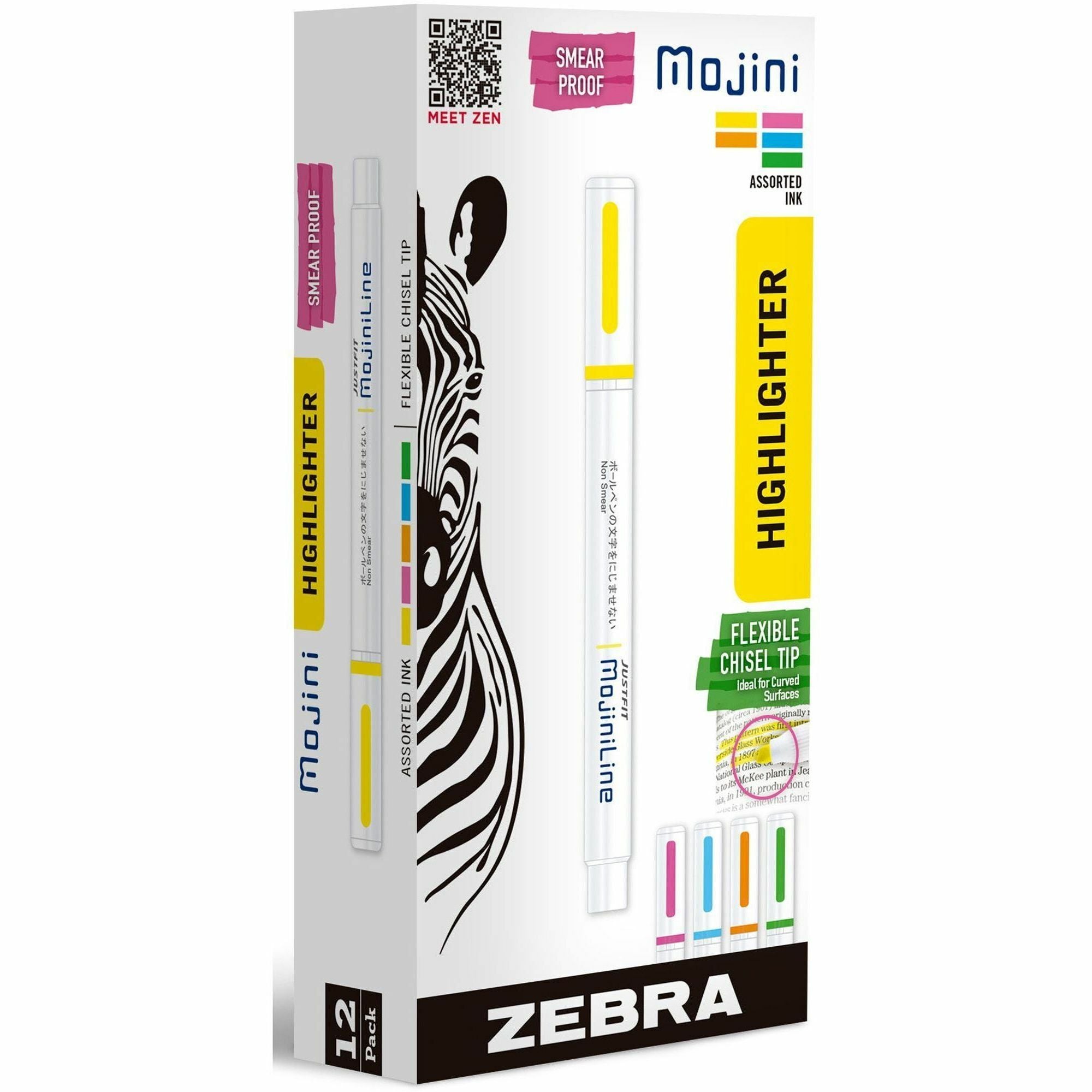 Zebra Pen Mojini Single Ended Highlighters - 4 mm Chisel Marker Point - Assorted Ink - Water Based - 1 Dozen