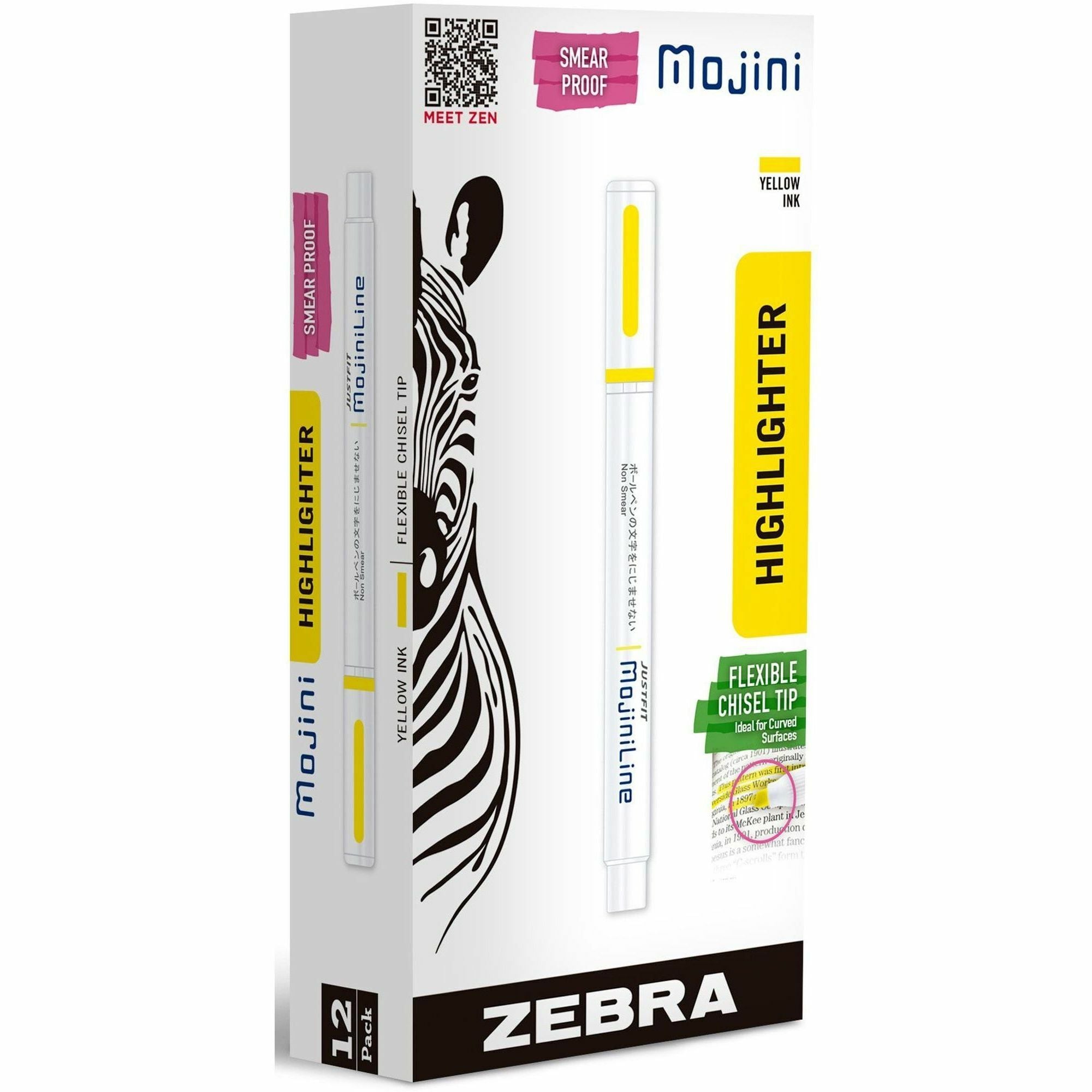 Zebra Pen Mojini Single Ended Highlighters - 4 mm Chisel Marker Point - Yellow Ink - 1 Dozen