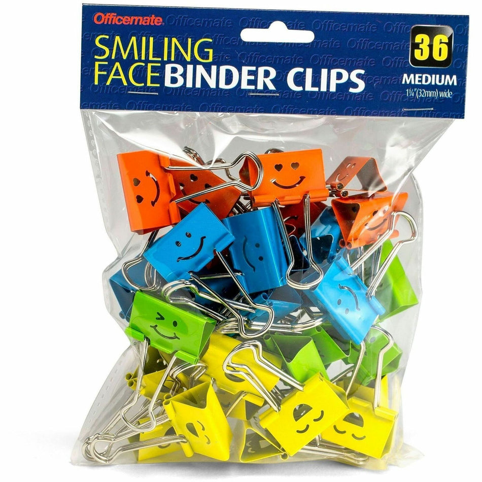 Officemate Smiling Face Binder Clips, Medium, Asst Color, 36 Pcs - Medium - 6.3" Length x 1.3" Width - for Binder, Classroom, Home, Office - Assorted, Red, Green, Blue, Yellow - Steel - 36 Piece