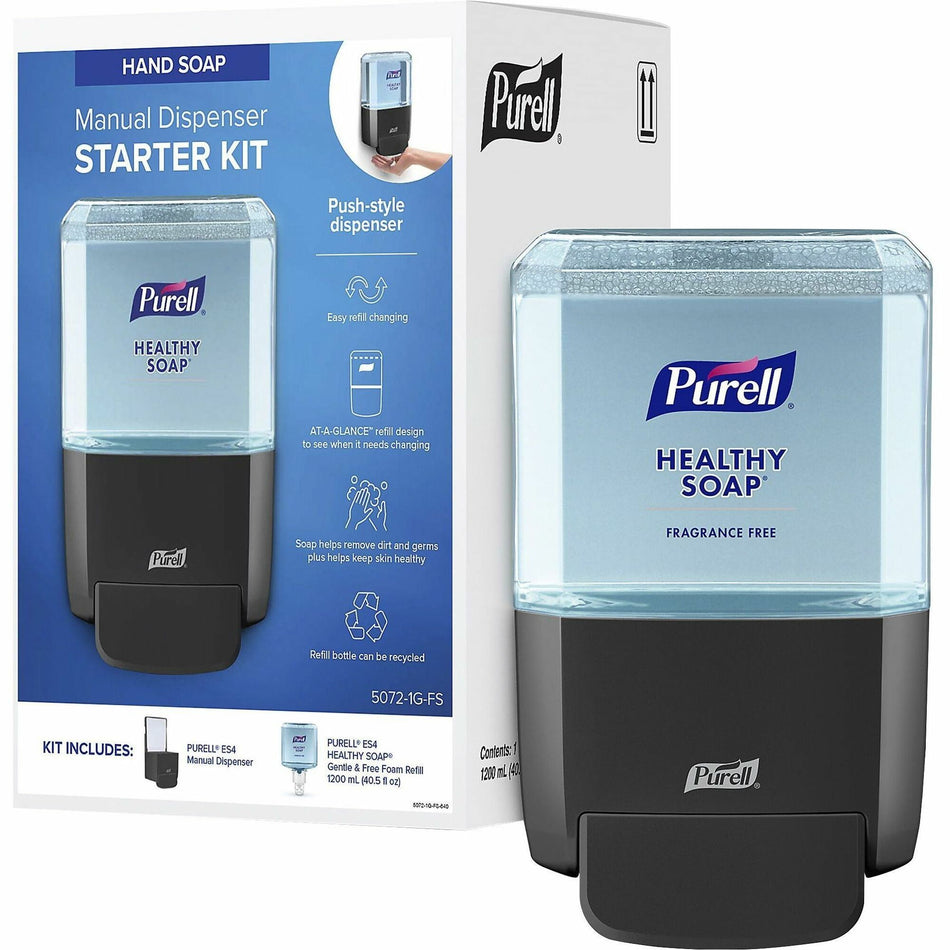 Gojo® ES4 Push-Style Soap Dispenser Starter Kit - 1.27 quart Capacity - Hygienic, Dye-free, Fragrance-free, Refillable, Wall Mountable - Graphite - 1 / Carton