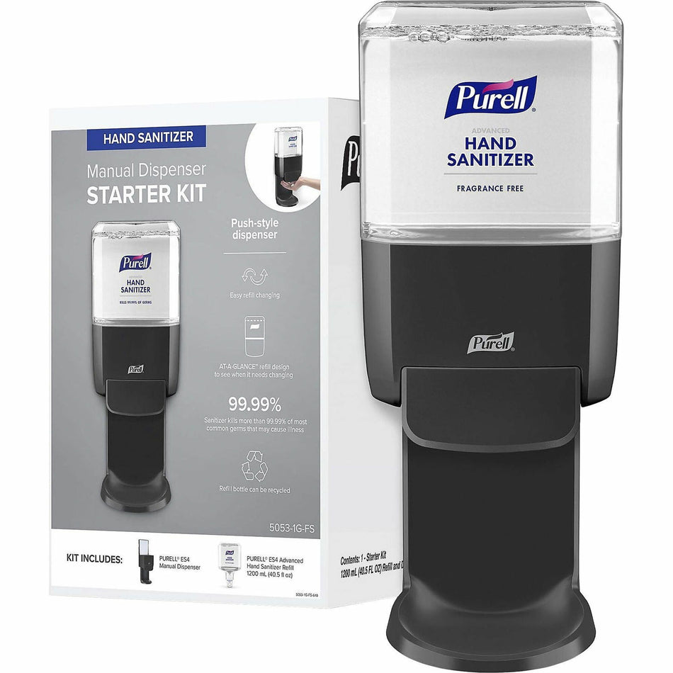 Gojo® ES4 Push Hand Sanitizer Dispenser Starter Kit - 1.27 quart Capacity - Hygienic, Durable, Wall Mountable - Graphite - 1 / Carton