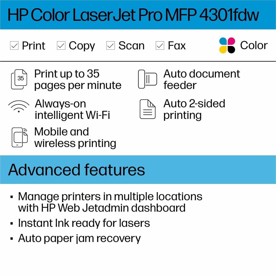 HP LaserJet Pro 4301fdw Wireless Laser Multifunction Printer - Color - Alternate-Image6