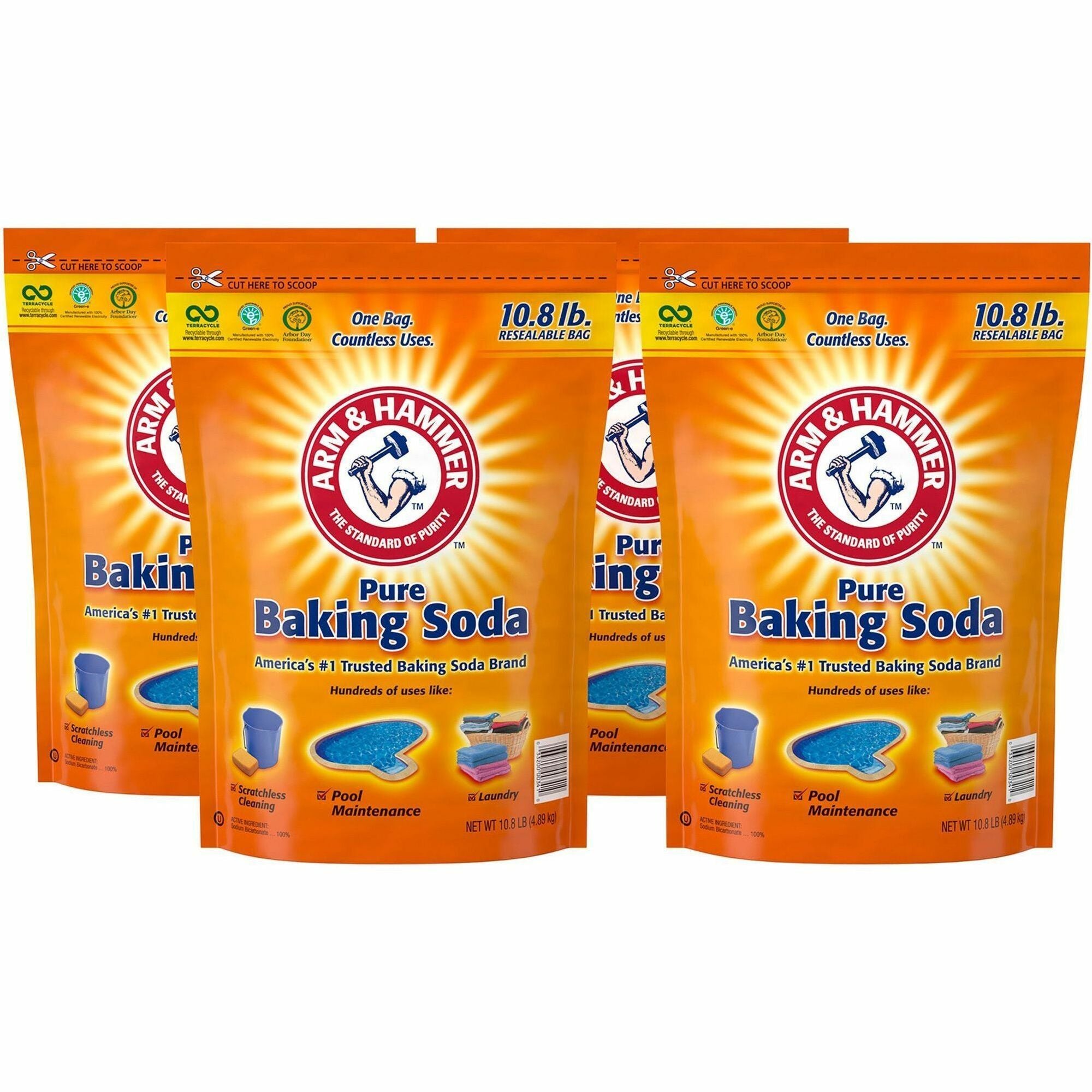 Arm & Hammer Pure Baking Soda - 172.80 oz (10.80 lb) - Resealable, Odor Neutralizer, Non-scratching, Deodorize - White Bag - 4 / Carton
