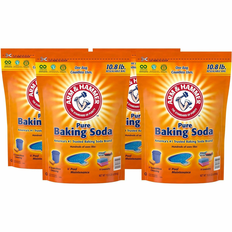 Arm & Hammer Pure Baking Soda - 172.80 oz (10.80 lb) - Resealable, Odor Neutralizer, Non-scratching, Deodorize - White Bag - 4 / Carton