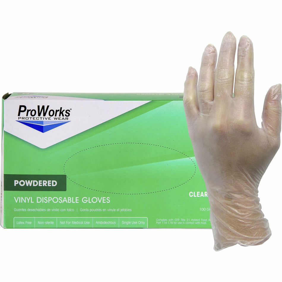ProWorks Vinyl Powdered Industrial Gloves - 3 mil Thickness x 9" Glove Length - Large Size - Vinyl - Clear - Powdered, Non-sterile - For Industrial, General Purpose, Construction, Food Processing, Food Service, Hospitality - 100/Box - 10 / Carton