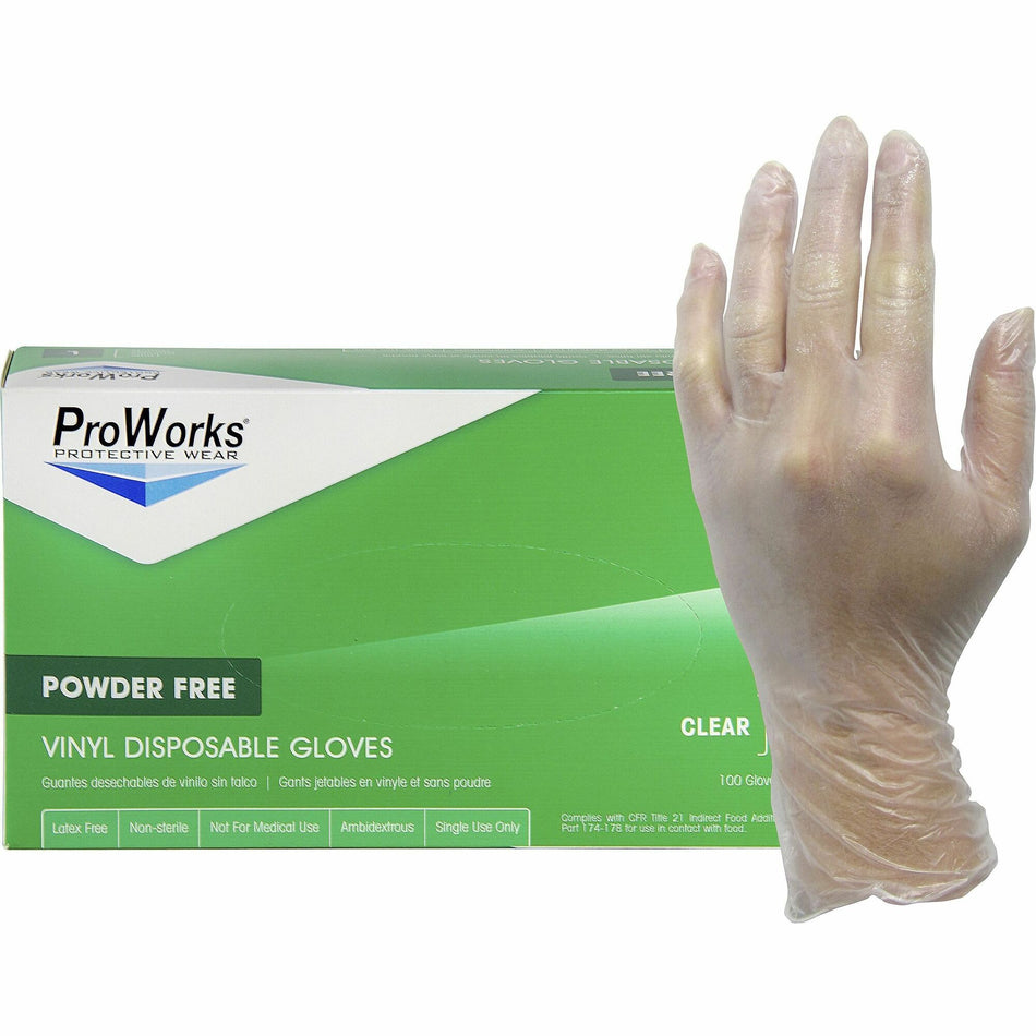 ProWorks Vinyl Powder-Free Industrial Gloves - 3 mil Thickness x 9" Glove Length - Small Size - Vinyl - Clear - Non-sterile - For Industrial, Food Processing, Construction, Food Service, Hospitality, General Purpose - 100/Box - 10 / Carton