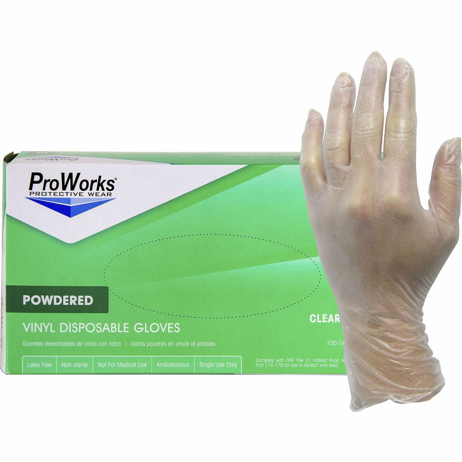 ProWorks Vinyl Powdered Industrial Gloves - 3 mil Thickness x 9" Glove Length - X-Large Size - Vinyl - Clear - Powdered, Non-sterile - For Industrial, General Purpose, Construction, Food Processing, Food Service, Hospitality - 100/Box - 10 / Carton
