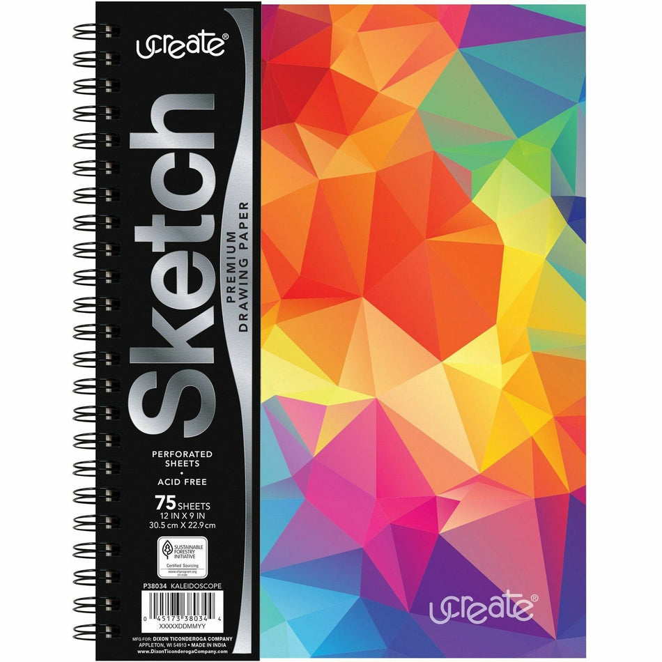 Pacon Fashion Sketch Book - 75 Pages - Spiral - 120 g/m&#178; Grammage - 9" x 6" Sheet Size - Neon Kaleidoscope Cover - Acid-free, Perforated, Durable - 1 Each