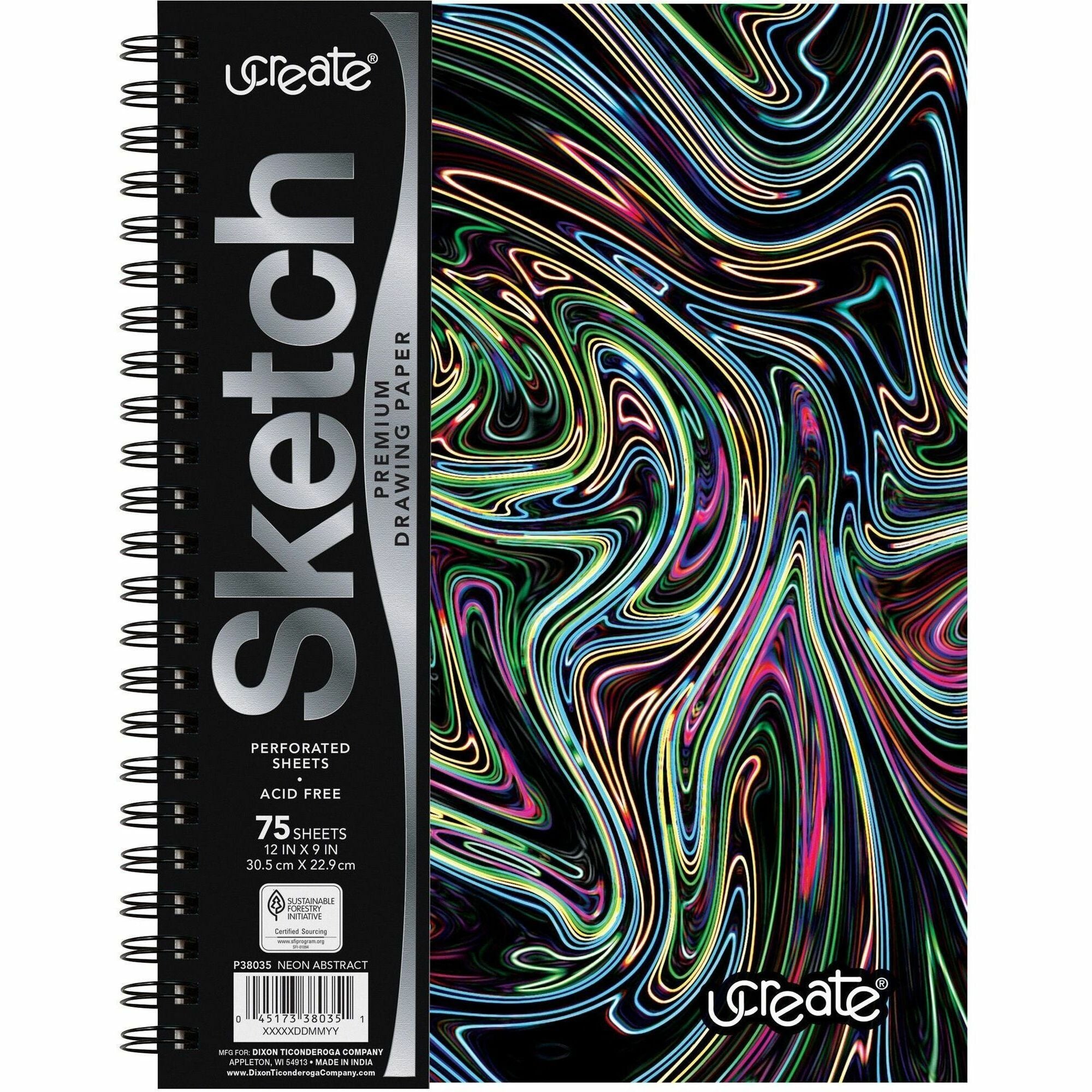 Pacon Fashion Sketch Book - 75 Pages - Spiral - 120 g/m&#178; Grammage - 9" x 6" Sheet Size - Neon Neon Squiggles Cover - Acid-free, Perforated, Durable - 1 Each