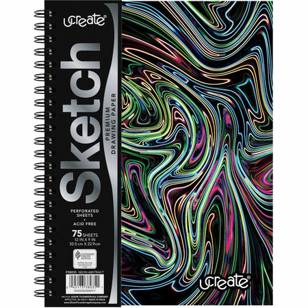 Pacon Fashion Sketch Book - 75 Pages - Spiral - 120 g/m&#178; Grammage - 9" x 6" Sheet Size - Neon Neon Squiggles Cover - Acid-free, Perforated, Durable - 1 Each