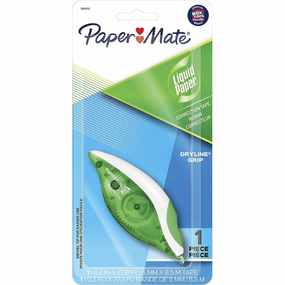 Paper Mate DryLine Grip Correction Tape - 0.20" Tape Width x 27.80 ft Tape Length - Green, White, Transparent Dispenser - Smooth, Mess-free, Swivel Tip, Ergonomic, Tear Resistant - White - 1 / Pack