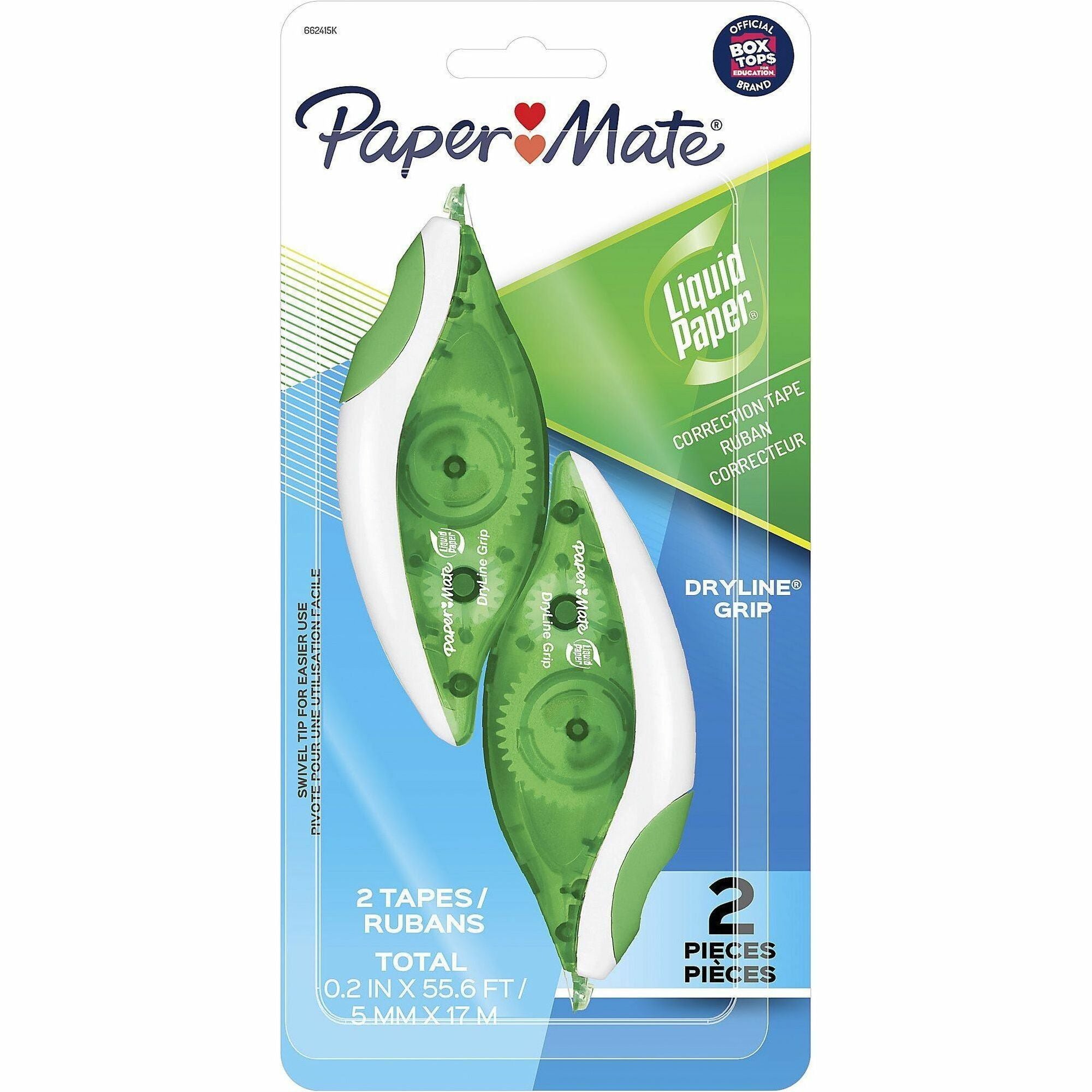 Paper Mate DryLine Grip Correction Tape - 0.20" Tape Width x 27.80 ft Tape Length - Green, White, Transparent Dispenser - Smooth, Mess-free, Swivel Tip, Ergonomic, Tear Resistant - White - 2 / Pack