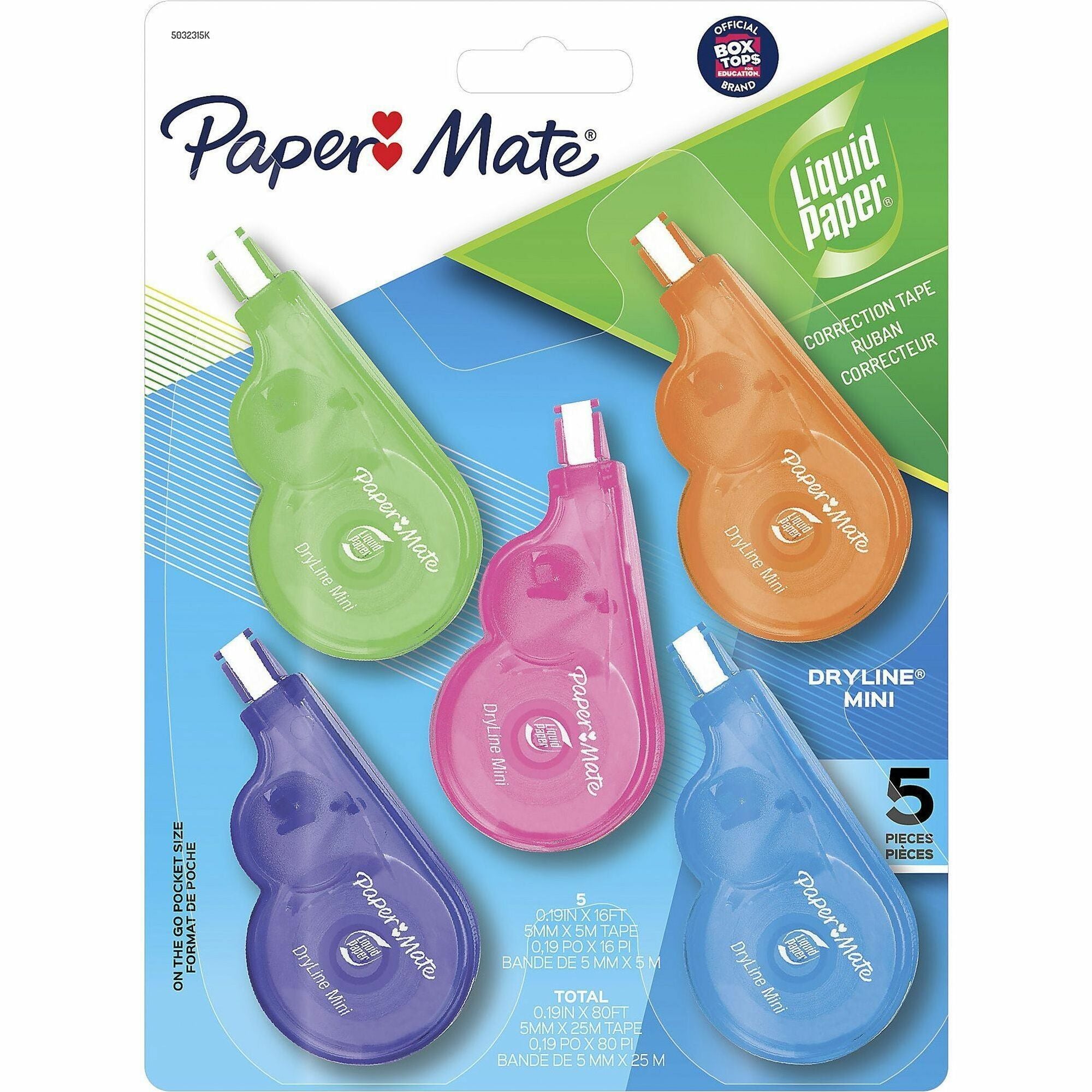 Paper Mate Dryline Mini Grip Correction Tape - 0.20" Tape Width x 16.40 ft Tape Length - White Tape - Assorted Dispenser - Break Resistant, Mess-free - White - 5 / Pack