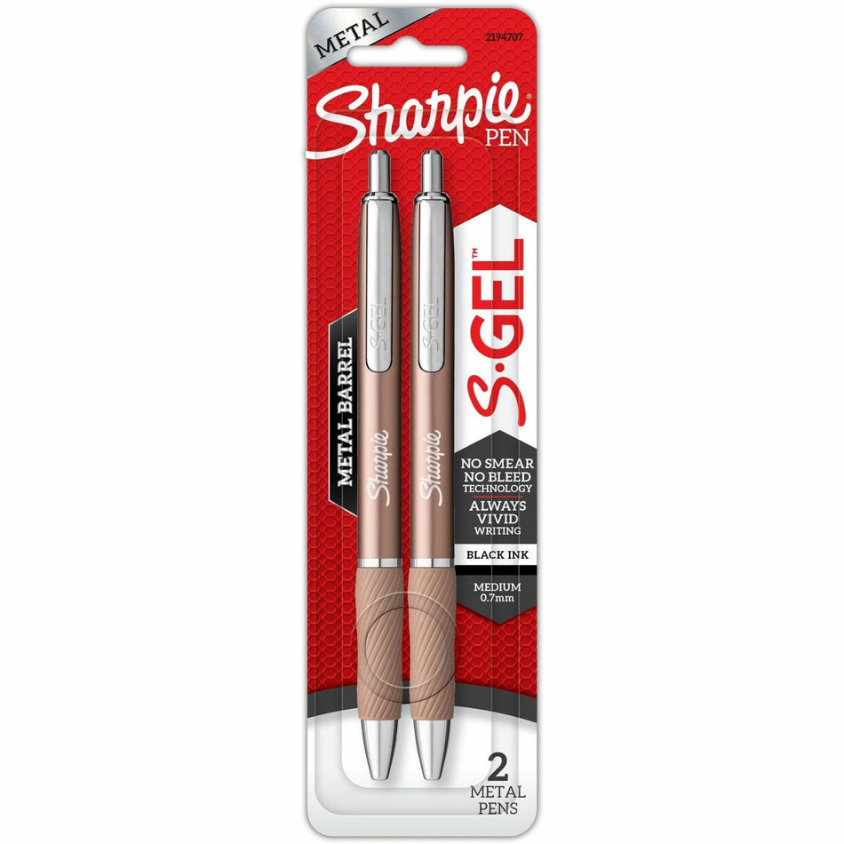 Sharpie S-Gel Pens - 0.7 mm Pen Point - Black Ink - Champagne Metal Barrel - 2 / Pack
