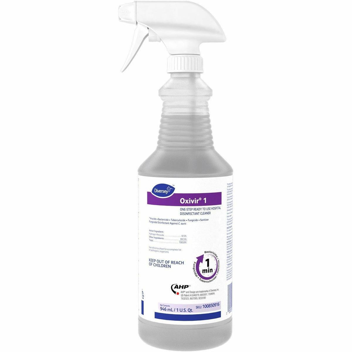 Diversey Oxivir 1 RTU Disinfectant Cleaner - Ready-To-Use - 32 fl oz (1 quart) - 2.1 pH - Characteristic Scent - Bactericide, Fungicide, Tuberculocide, VOC-free, NPE-free, Fragrance-free, Phosphate-free, Phenol-free, Deodorize - Colorless - 12 / Carton