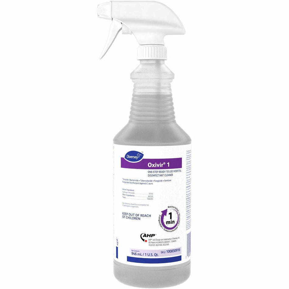 Diversey Oxivir 1 RTU Disinfectant Cleaner - Ready-To-Use - 32 fl oz (1 quart) - 2.1 pH - Characteristic Scent - Bactericide, Fungicide, Tuberculocide, VOC-free, NPE-free, Fragrance-free, Phosphate-free, Phenol-free, Deodorize - Colorless - 12 / Carton