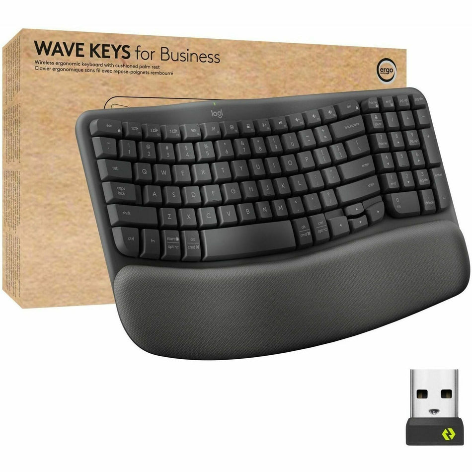Logitech Wave Keys for Business Ergonomic Keyboard - Wireless Connectivity - Bluetooth - 5.1 - 32.81 ft - USB Type A Interface - Windows, Mac OS, ChromeOS - Computer - PC, Mac - AAA Battery Size Supported - Graphite