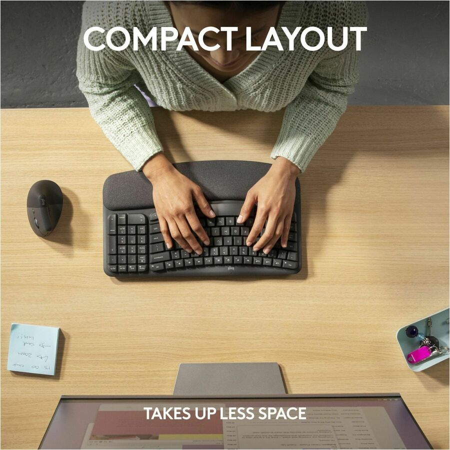 Logitech Wave Keys for Business Ergonomic Keyboard - Wireless Connectivity - Bluetooth - 5.1 - 32.81 ft - USB Type A Interface - Windows, Mac OS, ChromeOS - Computer - PC, Mac - AAA Battery Size Supported - Graphite