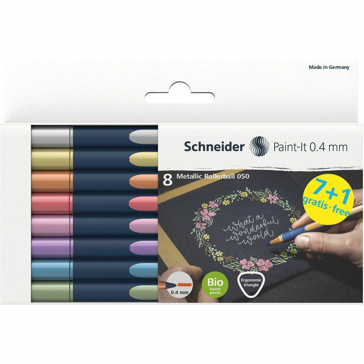 Schneider Metallic Rollerball Pens - 0.4 mm Pen Point - Assorted Metallic Ink - Bioplastic Barrel - 8 / Pack