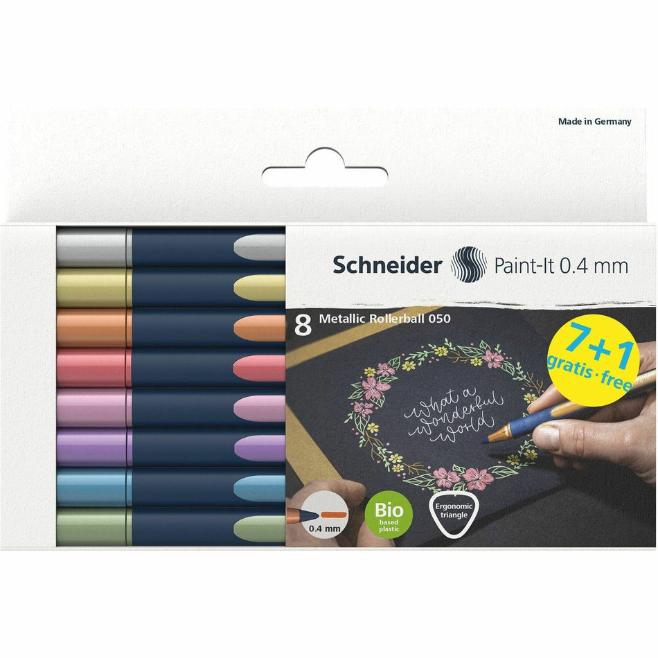 Schneider Metallic Rollerball Pens - 0.4 mm Pen Point - Assorted Metallic Ink - Bioplastic Barrel - 8 / Pack