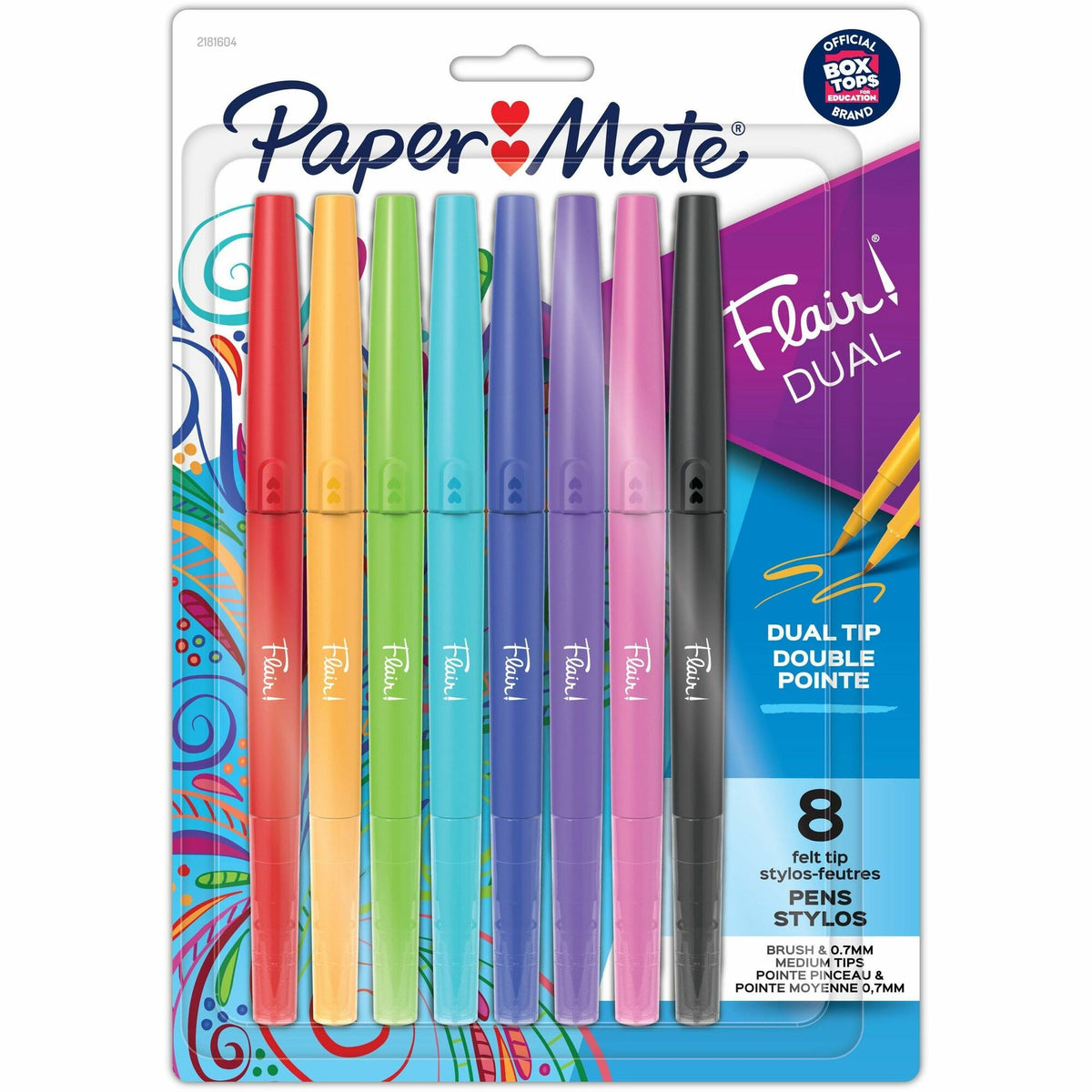 Paper Mate Flair DUAL Pens, Brush & Medium Tips (0.7mm) - 0.7 mm Medium Pen Point - Assorted Ink - 8 / Pack