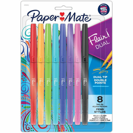 Paper Mate Flair DUAL Pens, Brush & Medium Tips (0.7mm) - 0.7 mm Medium Pen Point - Assorted Ink - 8 / Pack