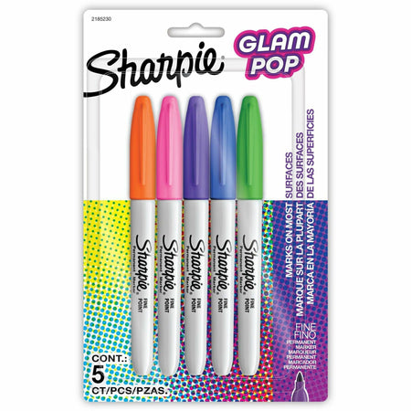 Sharpie Glam Pop Permanent Markers - Fine Marker Point - Assorted Ink - 5 / Pack