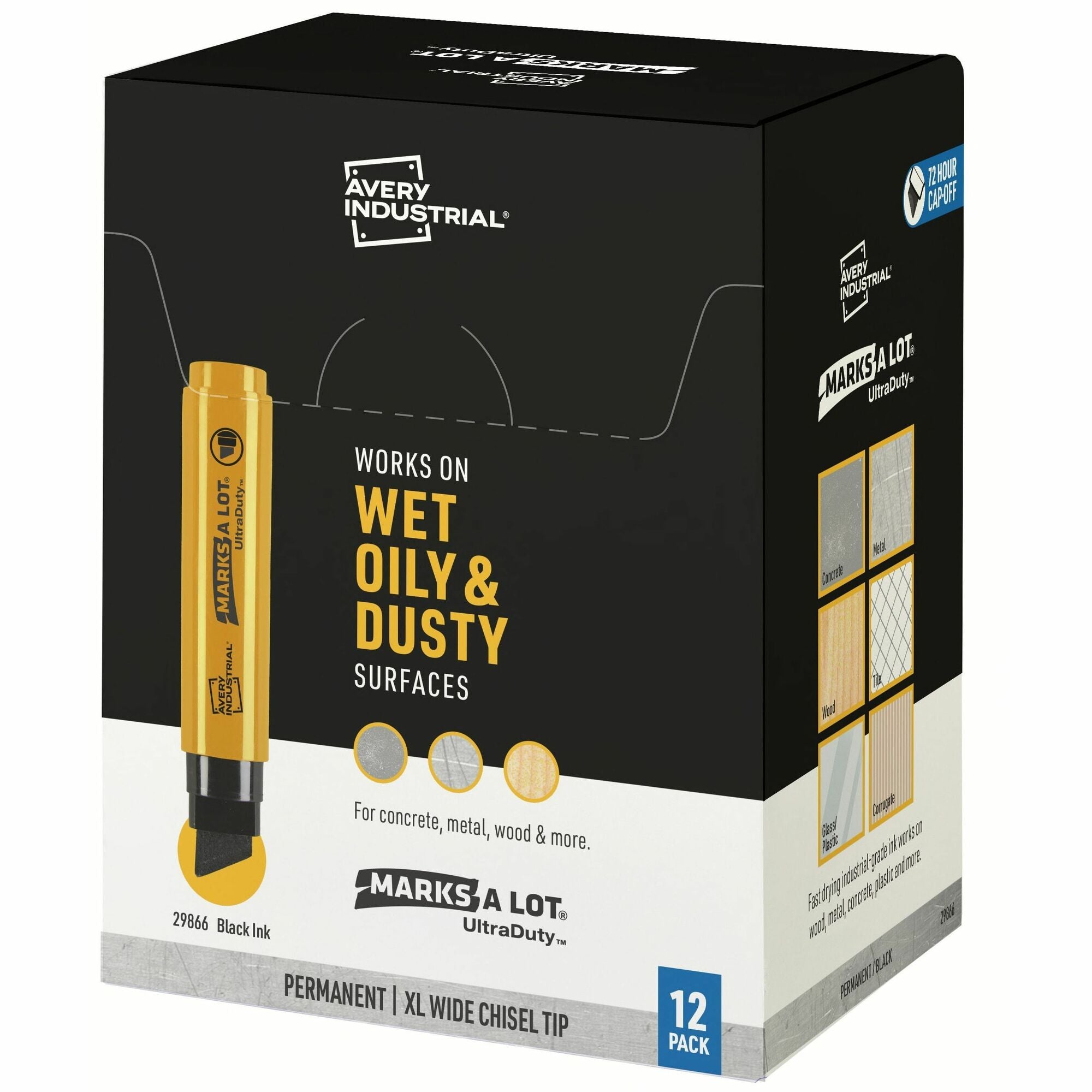 Avery®Marks A Lot UltraDuty Markers, XL Wide Tip, 12 Black Markers (29866) - 18 mm Narrow Narrow Chisel, Bold, XL Wide Marker Point - Black Ink - Polyester Tip - 12 / Pack