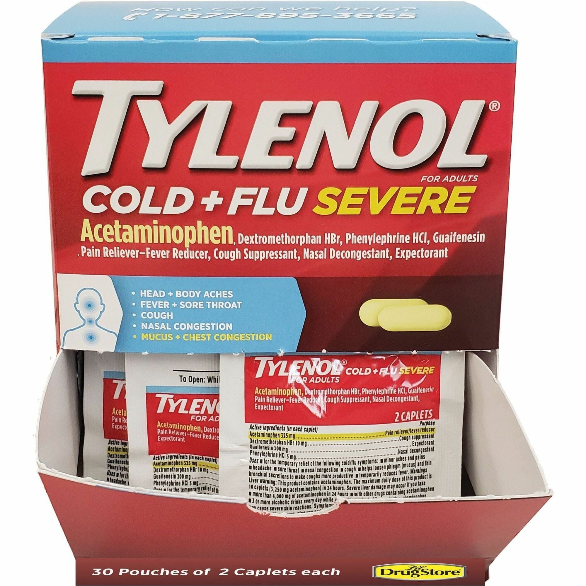 Tylenol Cold & Flu Severe Single-Dose Packets - For Tylenol Cold, Flu, Fever, Body Ache, Pain, Headache, Sore Throat, Nasal Congestion, Cough - 2/Packet - 30 / Box