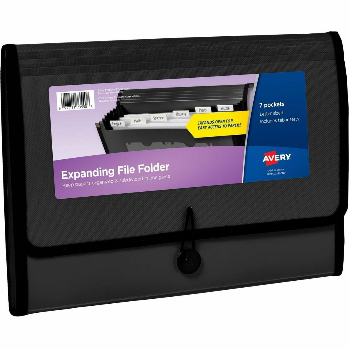 Avery®  Letter, A4 Expanding File - 425 Sheets Capacity - 7 Pocket(s) - Polypropylene, Plastic, Fabric - Black - 0% Recycled - 1 Each