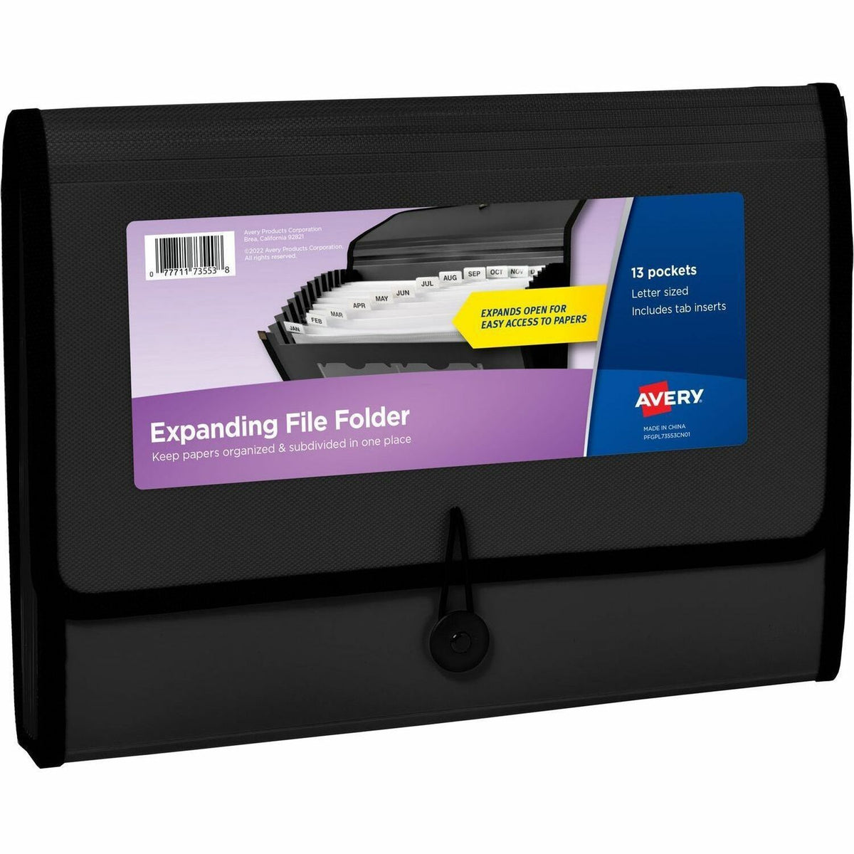 Avery®  Letter, A4 Expanding File - 425 Sheets Capacity - 13 Pocket(s) - Polypropylene, Plastic, Fabric - Black - 0% Recycled - 1 Each