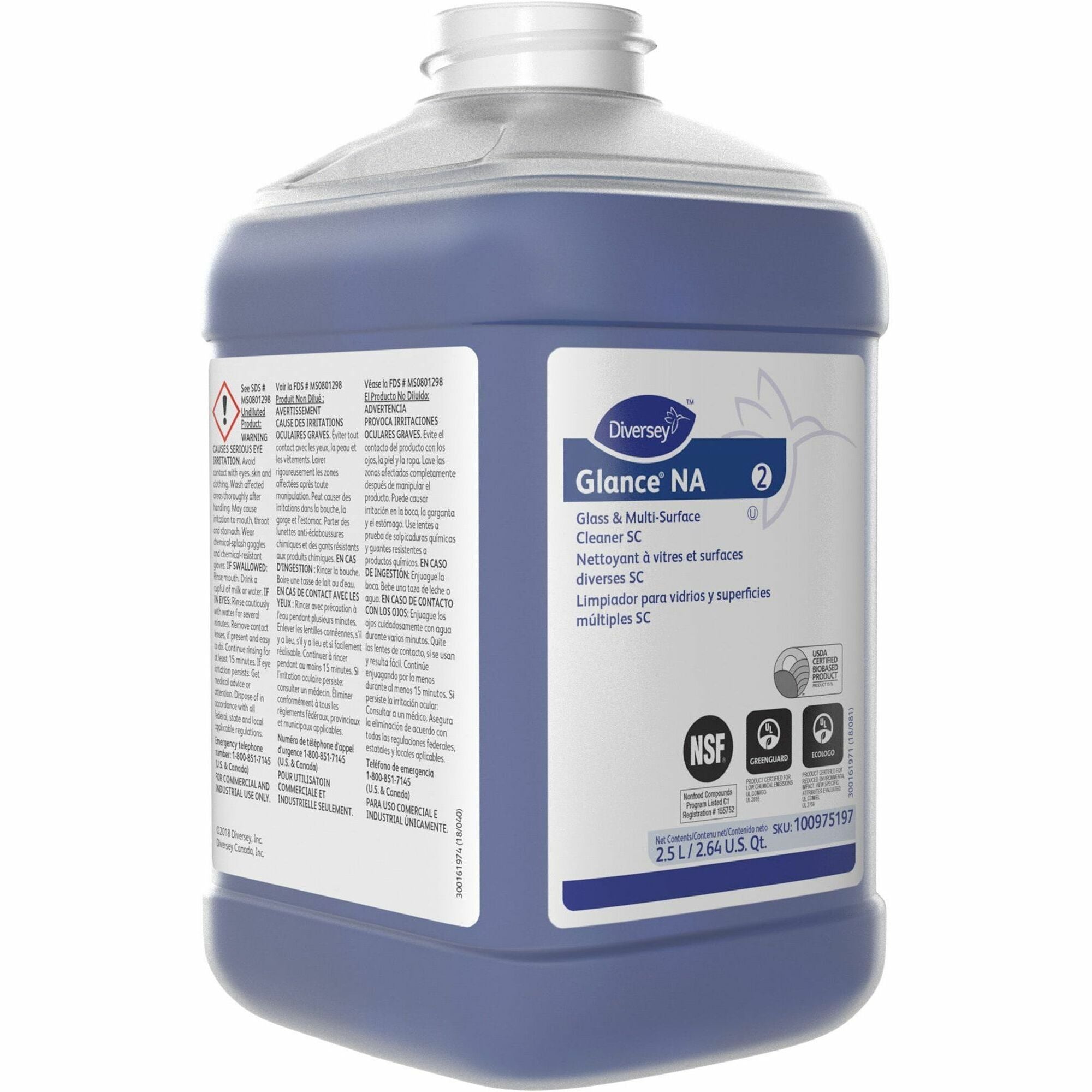 Diversey Glass/Multi-Purpose Cleaner - Concentrate - 84.5 fl oz (2.6 quart) - Non Ammoniated, Streak-free, Quick Drying, Non-smearing, Fragrance-free, Dilutable, Odorless, Kosher - Blue - 1 Each
