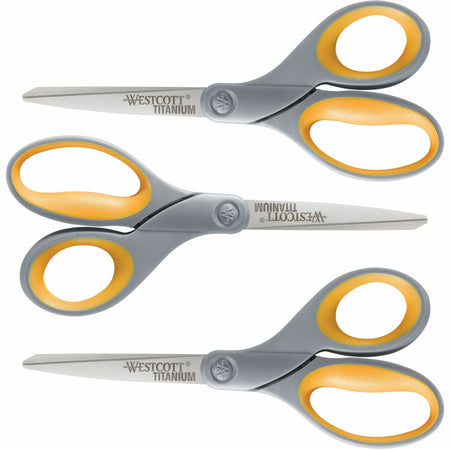 Westcott Titanium Bonded Scissors Set - 8" Overall Length - Straight-left/right - Titanium - Pointed Tip - Gray/Yellow - 3 / Pack