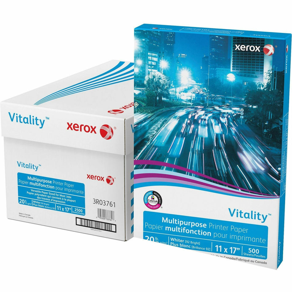 Xerox Vitality Multipurpose Printer Paper - 92 Brightness - 11" x 17" - 20 lb Basis Weight - 75 g/m&#178; Grammage - ColorLok Technology, Jam-free, Plain - White - 500 Sheets per Ream - 5 / Carton