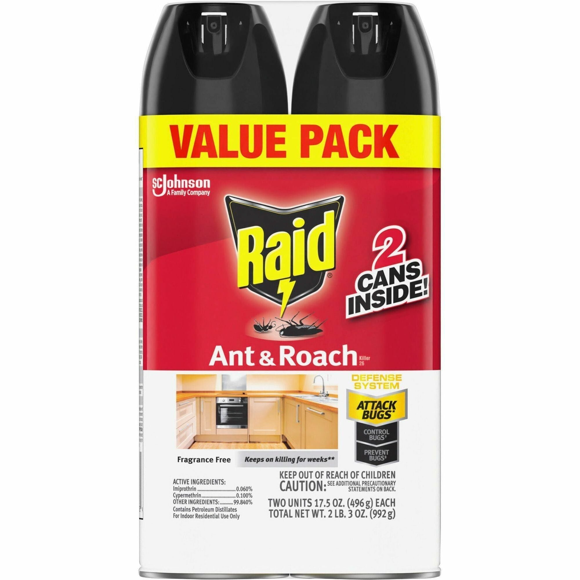Raid Ant & Roach Killer Spray - Spray - Kills Cockroaches, Ants, Silverfish, Water Bugs, Palmetto Bug, Carpet Beetle, Earwig, Spider, Lady Beetle, Black Widow Spider - 1.09 lb - Red - 2 Pack - 6 / Carton