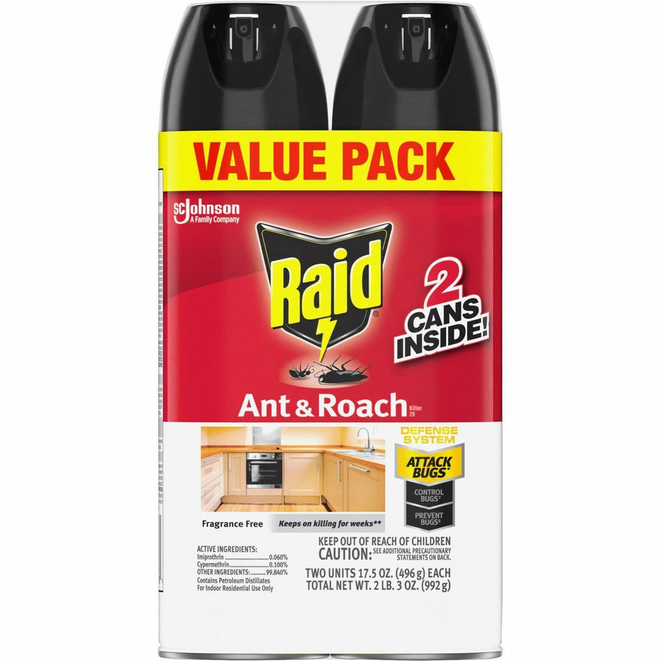 Raid Ant & Roach Killer Spray - Spray - Kills Cockroaches, Ants, Silverfish, Water Bugs, Palmetto Bug, Carpet Beetle, Earwig, Spider, Lady Beetle, Black Widow Spider - 1.09 lb - Red - 2 Pack - 6 / Carton