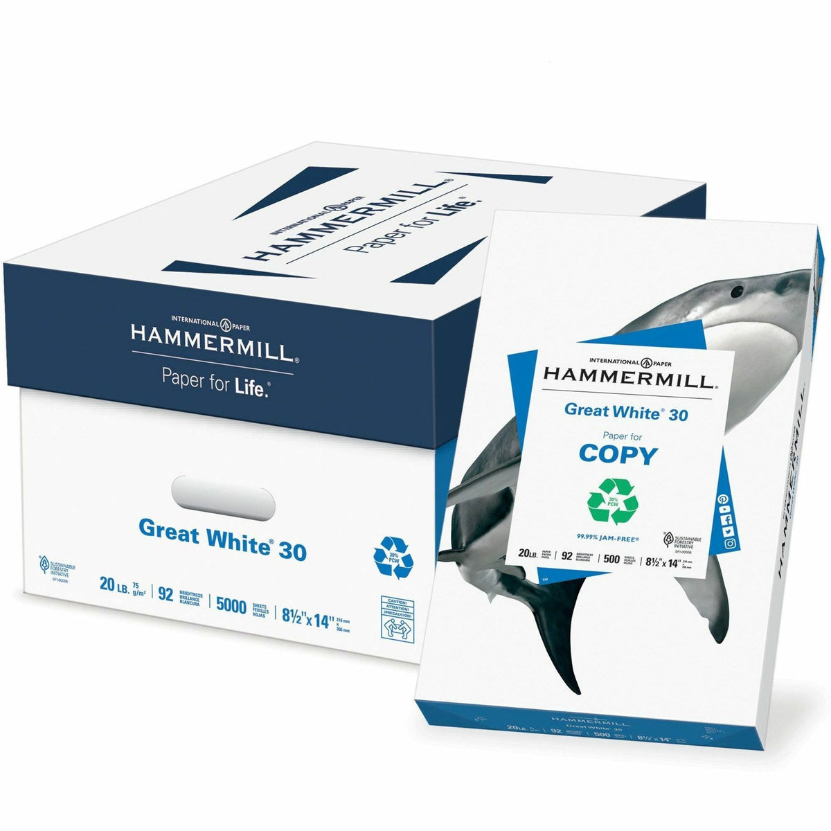 Hammermill Great White 30 Copy Paper - 92 Brightness - 88% Opacity - 8 1/2" x 14" - 20 lb Basis Weight - 75 g/m&#178; Grammage - Acid-free, Jam-free - White - 500 Sheets per Ream - 10 / Carton