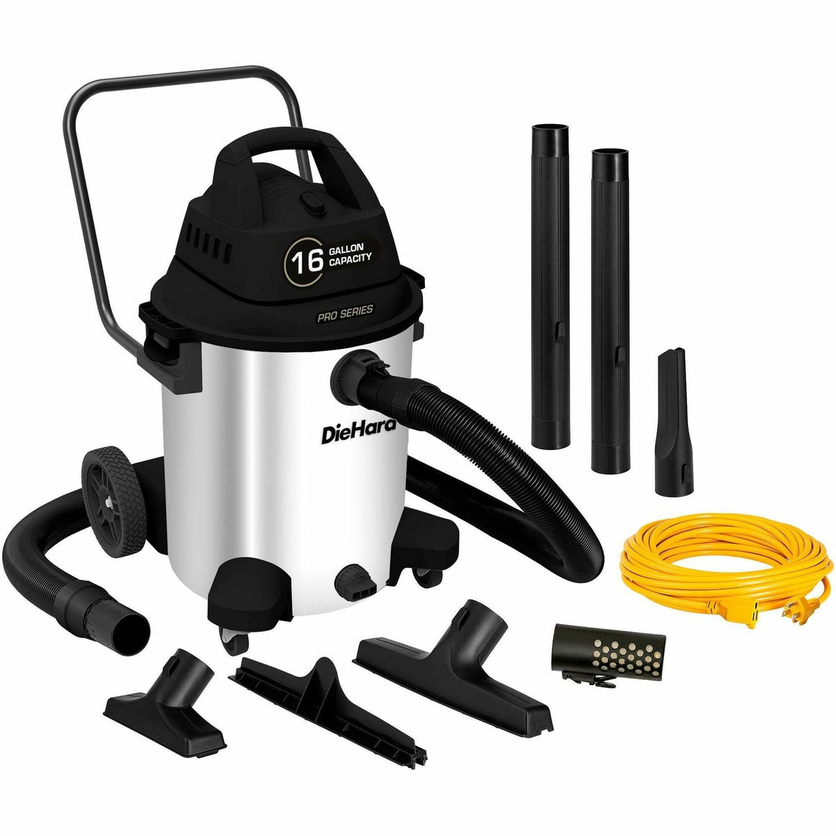 DieHard 16-Gallon 6.5 HP Pro Series Wet/Dry Vacuum - 16 gal - Squeegee, Hose, Wand, Filter, Crevice Tool, Pick-up Tool, Floor Tool - Wet Surface, Dry Surface - 35 ft Cable Length - 8 ft Hose Length - Stainless Steel