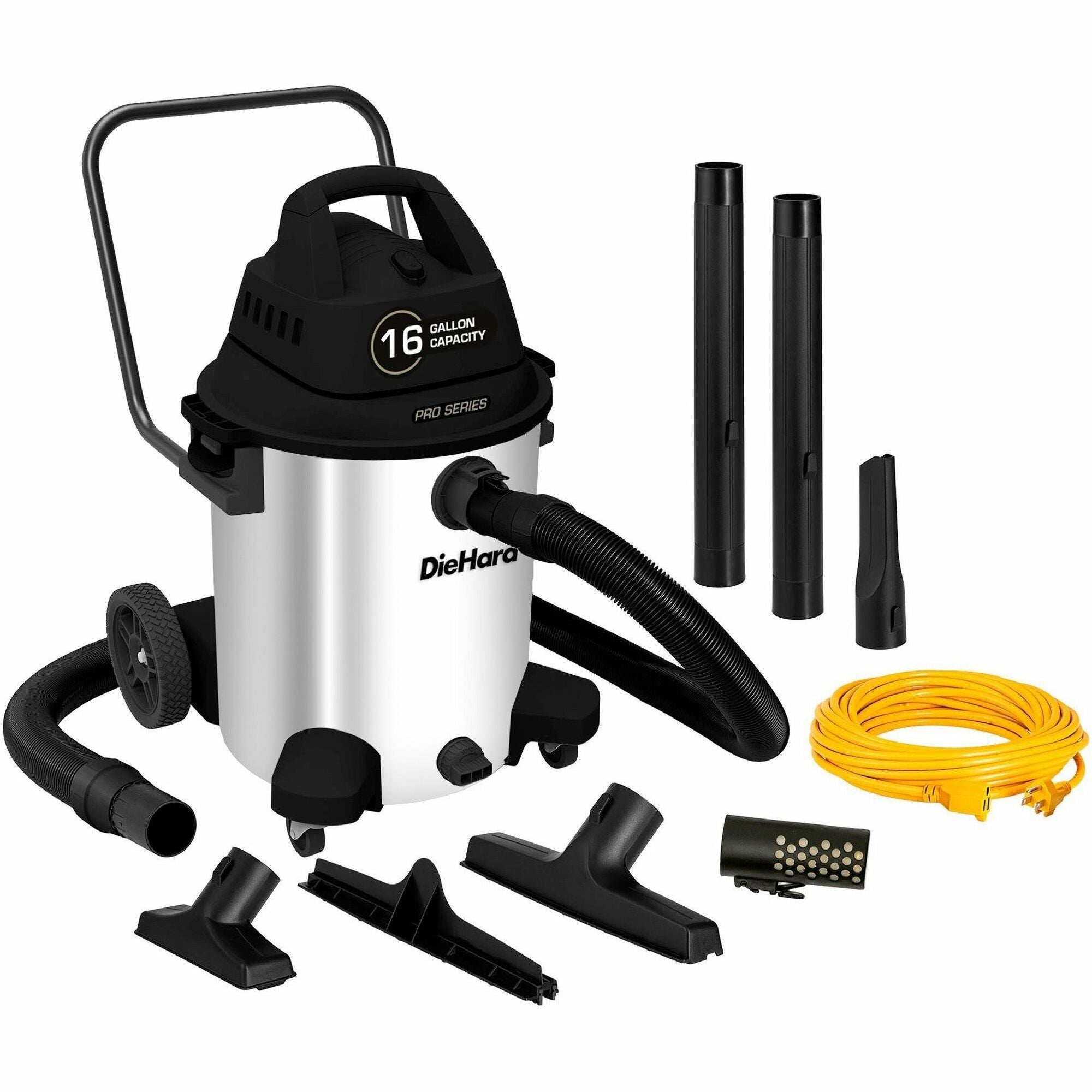DieHard 16-Gallon 6.5 HP Pro Series Wet/Dry Vacuum - 16 gal - Squeegee, Hose, Wand, Filter, Crevice Tool, Pick-up Tool, Floor Tool - Wet Surface, Dry Surface - 35 ft Cable Length - 8 ft Hose Length - Stainless Steel