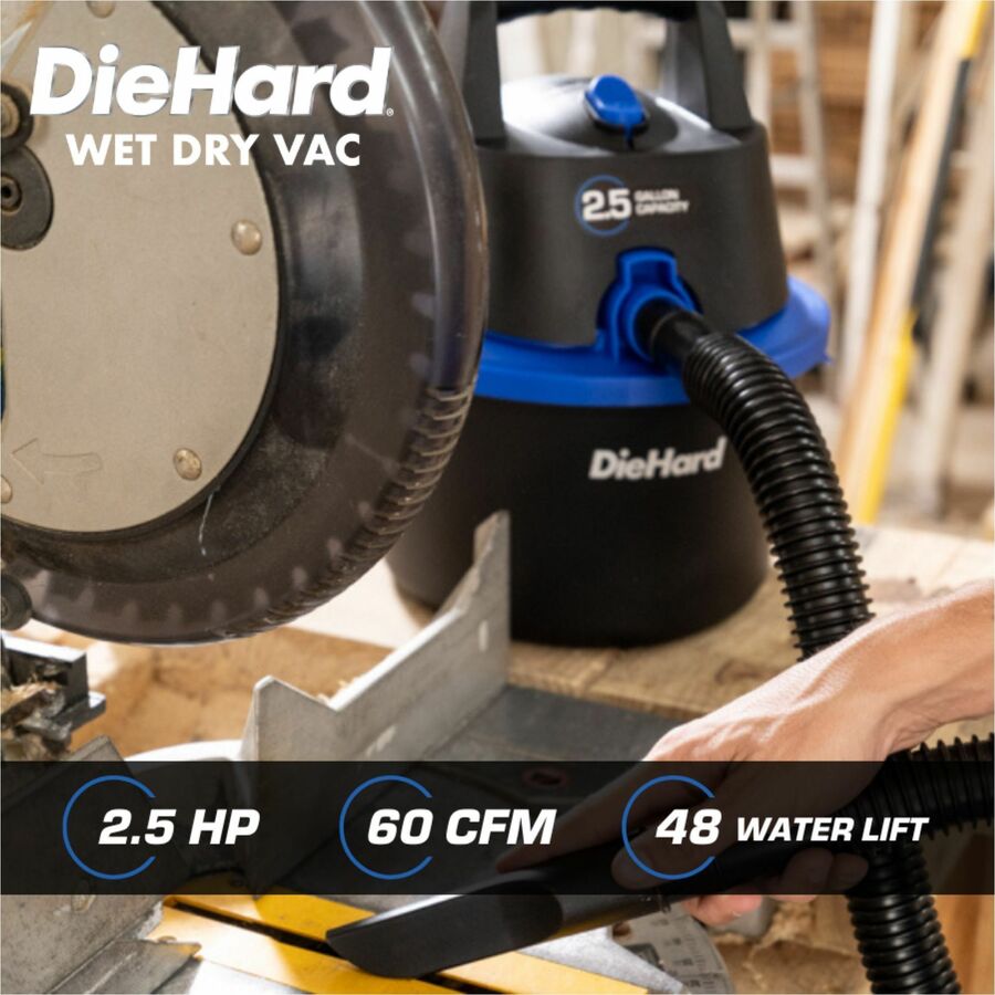 DieHard 2.5-Gallon 2.5 HP Wet/Dry Vacuum - 2.50 gal - Crevice Tool, Pick-up Tool, Filter - Wet Surface, Dry Surface - 10 ft Cable Length - 4 ft Hose Length - Rich Black