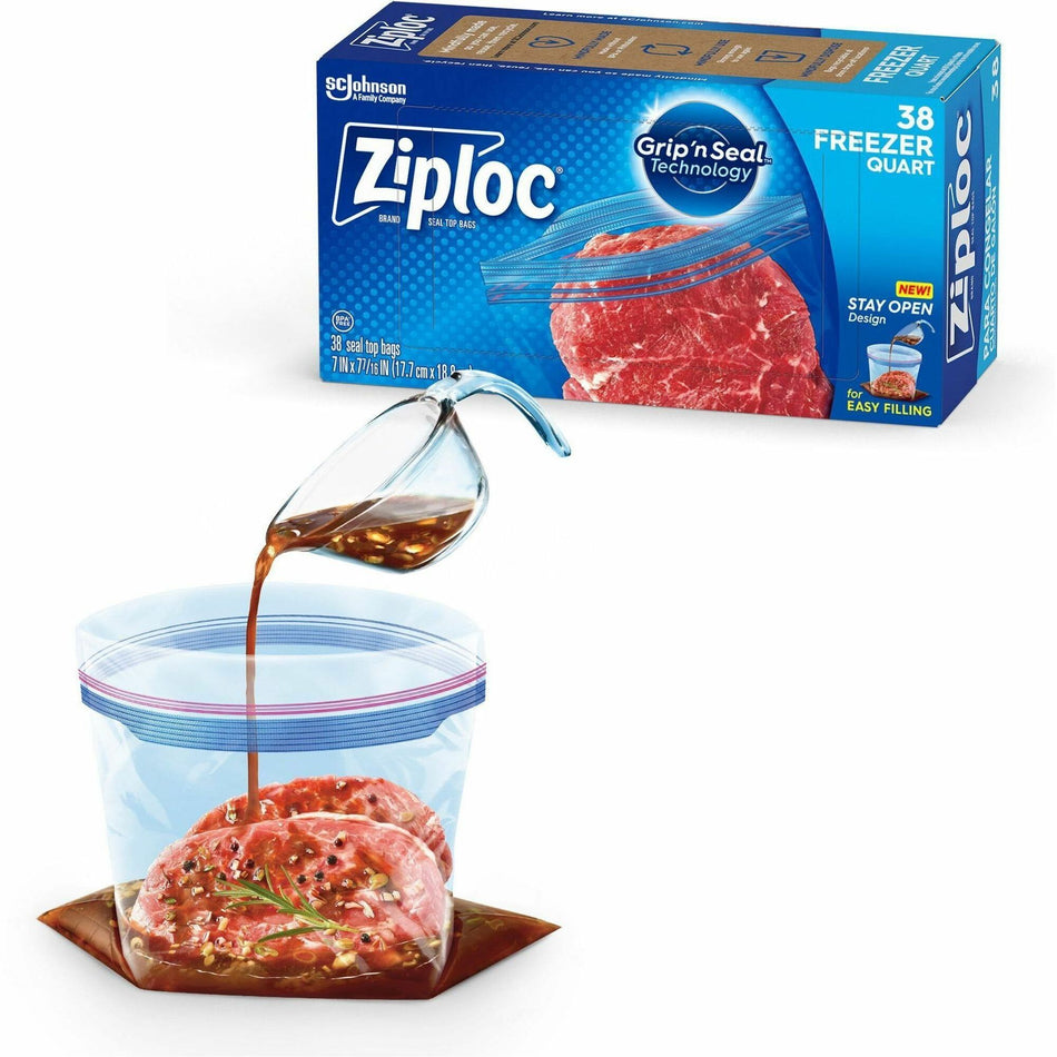Ziploc® Grip n' Seal Freezer Bags - Medium Size - 1 quart Capacity - 7.43" Length x 7" Width - Textured - Blue - Plastic - Multipurpose - 38 / Box